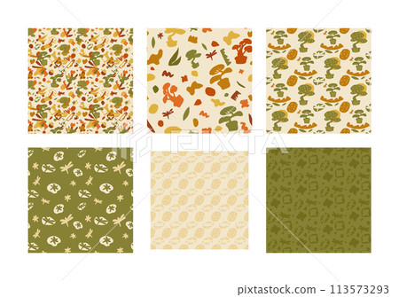 Bonsai trees seamless patterns collection. Plant on pot with leaves and collage shape of ripped papers silhouettes repeat background set. Vector hand drawn flat illustration. 113573293