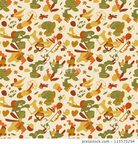 Bonsai trees seamless pattern. Plant on pot with leaves and collage shape of ripped papers silhouettes repeat background. Vector hand drawn illustration. 113573294