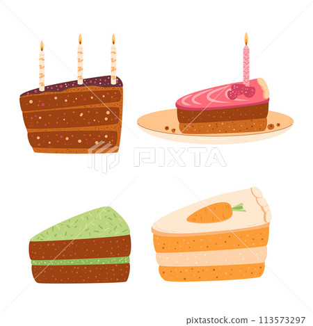 Cakes set. Sweet bakery piece. Pastry dessert slices with cream. Vector pie flat illustration isolated on white background Cakes set. Sweet bakery piece. Pastry dessert slices with cream. Vector pie flat illustration isolated on white background 113573297