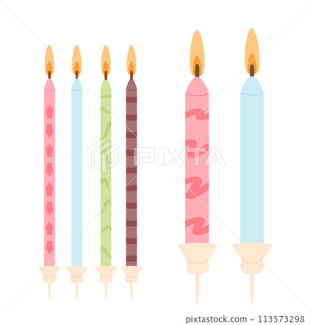 Burning birthday cake candles isolated on white background. Vector hand drawn flat illustration 113573298