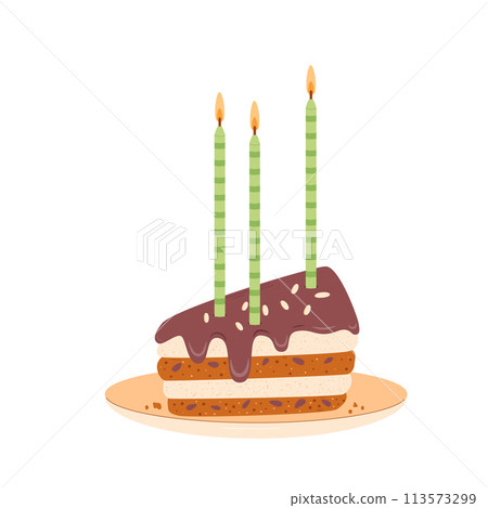 Birthday piece of cake. Sweet holiday bakery. Pastry dessert with cream and candles for breakfast. Vector pie hand drawn illustration isolated on white background. Birthday piece of cake. Sweet holiday bakery. Pastry dessert with cream and candles for breakfast. Vector pie hand drawn illustration isolated on white background. 113573299