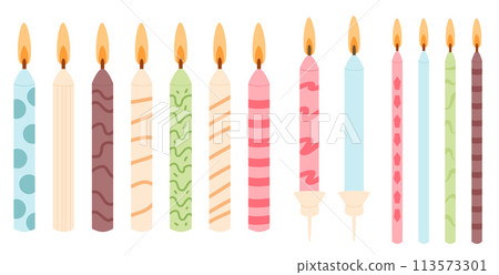 Burning birthday cake candles isolated on white background. Various ornament holiday event elements. Vector hand drawn illustration. 113573301