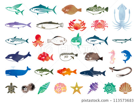 Sea life watercolor icons Sea life watercolor icons 113573683