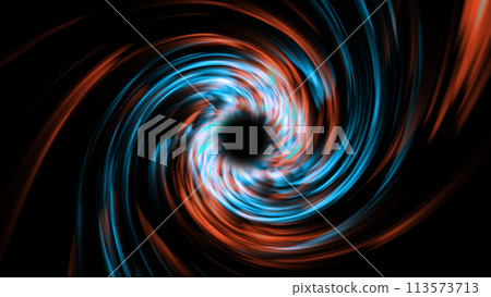 A dark background on which spiral rotations of colored particles form a tunnel. Red and blue particles spin to form a portal. 113573713
