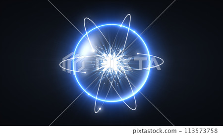 Animation 3d model blue neon atom on a black background. Molecules particles rotate around a light ball of a sphere. Physics chemistry background. Blue neon sphere. wallpaper 4k screensaver. Animation 3d model blue neon atom on a black background. Molecules particles rotate around a light ball of a sphere. Physics chemistry background. Blue neon sphere. wallpaper 4k screensaver. 113573758