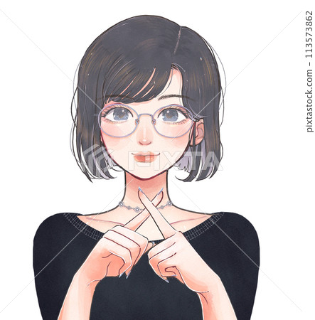 A bust-up illustration of a woman wearing glasses making a cross with her fingers A bust-up illustration of a woman wearing glasses making a cross with her fingers 113573862