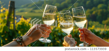 Wine Tasting in Vineyard at Sunset 113573939