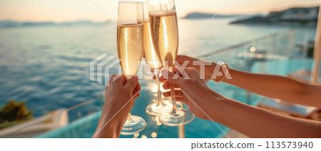 Celebratory Champagne Toast at Seaside Sunset Celebratory Champagne Toast at Seaside Sunset 113573940