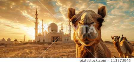 Decorated Camel in Desert Sunset Near Mosque 113573945