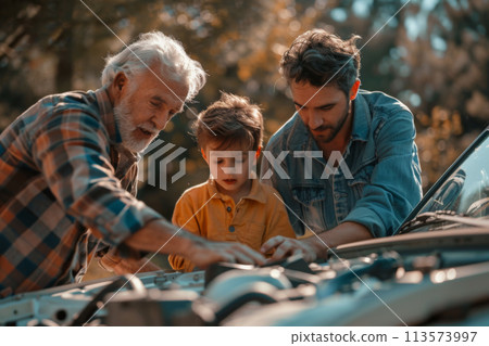 Father's day concept - three generations work on the car 113573997