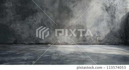 Grey textured concrete wall with tiled floor 113574053