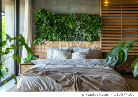 Bedroom interior with bed and vertical garden wall Bedroom interior with bed and vertical garden wall 113574105