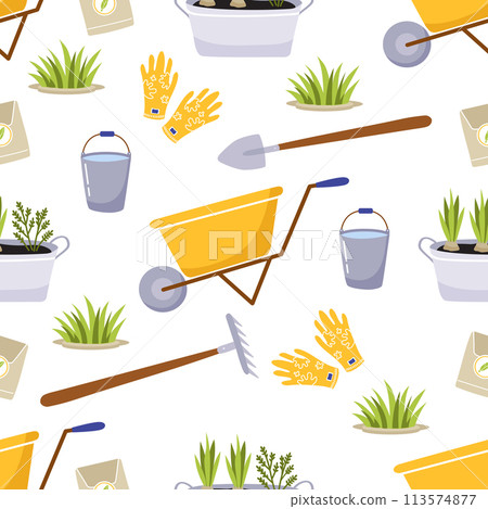 Spring gardening seamless background pattern. Set of bright elements - wheelbarrow, gardening tools, grass, seeds. Spring gardening seamless background pattern. Set of bright elements - wheelbarrow, gardening tools, grass, seeds. 113574877