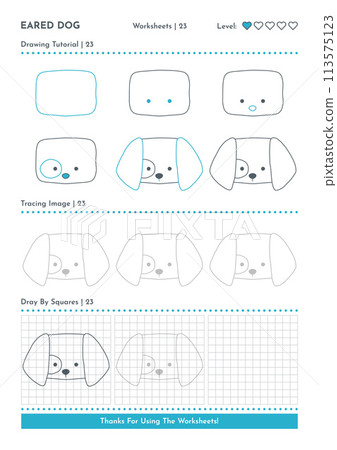 How to Draw Doodle Eared Dog, Cartoon Character Step by Step Drawing Tutorial. Activity Worksheets For Kids 113575123