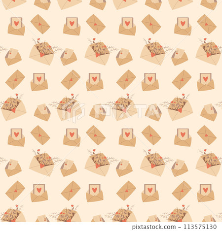 Envelope with flowers and heart greeting card seamless pattern. romantic message endless background. Vector illustration. 113575130