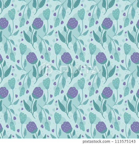 Flowers seamless pattern. Blue and violet wildflowers endless background. Summer meadow repeat cover. Botanic loop ornament. Vector hand drawn illustration. Flowers seamless pattern. Blue and violet wildflowers endless background. Summer meadow repeat cover. Botanic loop ornament. Vector hand drawn illustration. 113575143