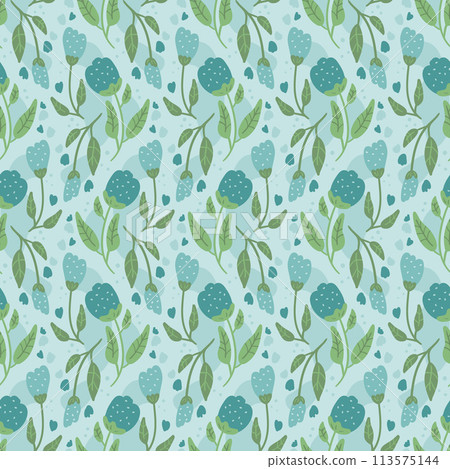 Flowers seamless pattern. Blue wildflowers endless background. Summer meadow repeat cover. Botanic loop ornament. Vector hand drawn illustration. Flowers seamless pattern. Blue wildflowers endless background. Summer meadow repeat cover. Botanic loop ornament. Vector hand drawn illustration. 113575144