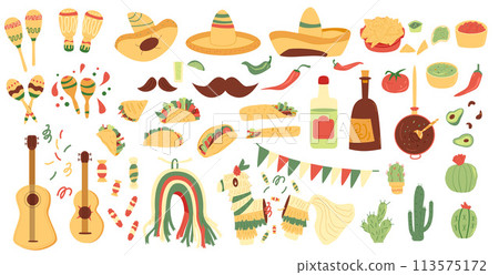 Mexican set. Cinco de Mayo collection elements. Hand drawn pinata, musical tools, food and cactus. Mexican festivals and traditions. Vector illustration isolated on white background. Mexican set. Cinco de Mayo collection elements. Hand drawn pinata, musical tools, food and cactus. Mexican festivals and traditions. Vector illustration isolated on white background. 113575172