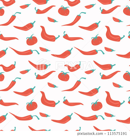 Chili pepper and tomato seamless pattern. Vegetable endless cover. Vector flat illustration. Chili pepper and tomato seamless pattern. Vegetable endless cover. Vector flat illustration. 113575191