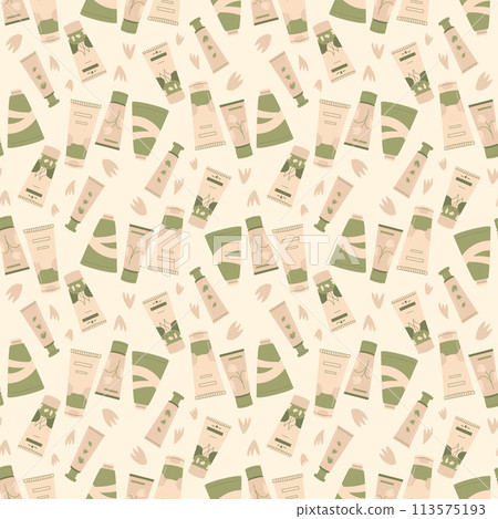 Cosmetics and makeup tubes seamless pattern. Skincare lotion beauty repeat cover. Moisturizing face products endless background. Vector illustration. Cosmetics and makeup tubes seamless pattern. Skincare lotion beauty repeat cover. Moisturizing face products endless background. Vector illustration. 113575193
