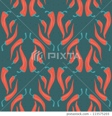 Chili pepper seamless pattern. Mexican food symbol repeat background. Hot vegetable endless cover. Vector flat illustration. Chili pepper seamless pattern. Mexican food symbol repeat background. Hot vegetable endless cover. Vector flat illustration. 113575203