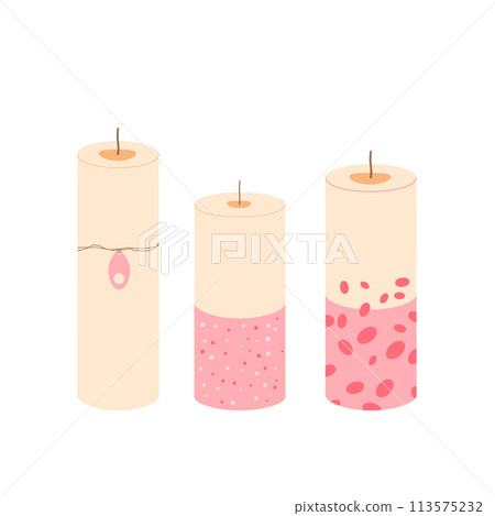 Holiday pillar candles set. Handmade aromatic candlelight isolated in white background. Hygge time. Aromatherapy and relaxation home decor. Vector hand drawn illustration 113575232