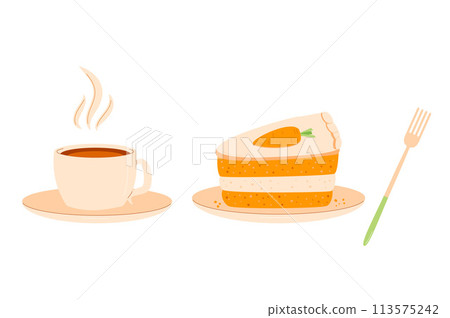 Coffee cup with slice of carrot cake and fork. Sweet bakery piece with hot beverage. Pastry dessert with cream for breakfast. Vector pie and drink illustration isolated on white background. 113575242