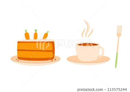 Coffee cup with slice of cake and fork. Sweet bakery piece with hot beverage. Pastry dessert with cream for breakfast. Vector pie and drink illustration isolated on white background Coffee cup with slice of cake and fork. Sweet bakery piece with hot beverage. Pastry dessert with cream for breakfast. Vector pie and drink illustration isolated on white background 113575244