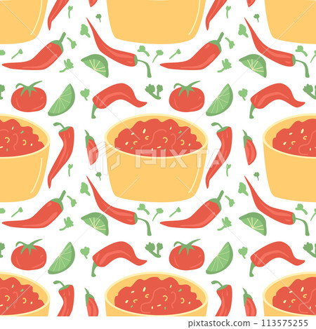 Salsa sauce seamless pattern. Mexican cuisine repeat background. Salsa rojo red endless cover. Traditional mexican food with tomato, pepper lime for snack loop ornament. Vector illustration. Salsa sauce seamless pattern. Mexican cuisine repeat background. Salsa rojo red endless cover. Traditional mexican food with tomato, pepper lime for snack loop ornament. Vector illustration. 113575255