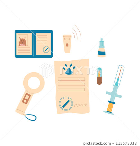 Microchip pets service. Chip scanner, passport and syringe isolated on white background. Veterinary elements. Vaccination certification and treats for prepare to travel and transportation domestic Microchip pets service. Chip scanner, passport and syringe isolated on white background. Veterinary elements. Vaccination certification and treats for prepare to travel and transportation domestic 113575338
