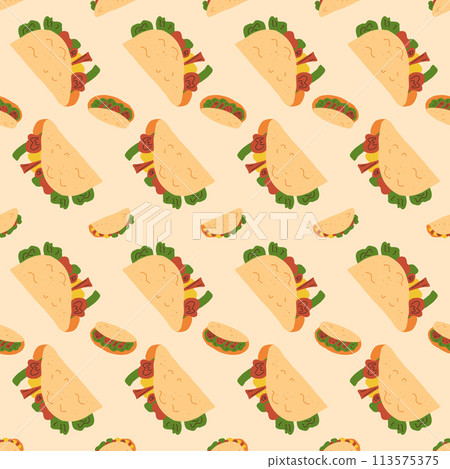 Taco seamless pattern. Traditional Mexican fast food endless background. Vector illustration. 113575375