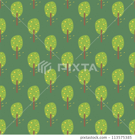 Garden trees landscape seamless pattern. Ripe fruit forest endless background. Park with repeat cover. Nature environment loop ornament. Vector flat hand drawn illustration. 113575385