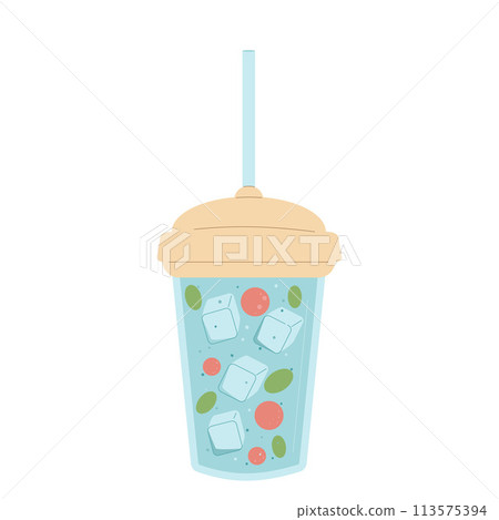 Water with ice berry and herbal in glass with cocktail straw isolated on white background. Fresh clean and aroma drink. Aqua healthy summer beverage. Stay hydrated. Vector flat illustration 113575394