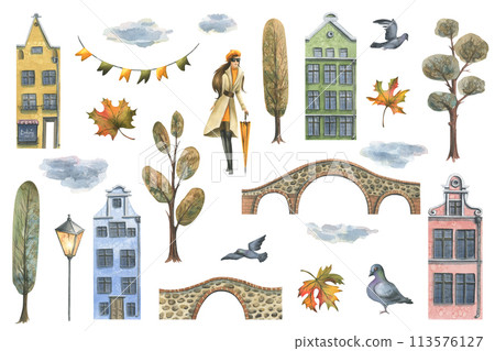 Ancient European houses are colorful, autumn trees and leaves, bridges, lanterns, girl in a raincoat with an umbrella. Hand drawn watercolor illustration. Set of objects isolated from the background. Ancient European houses are colorful, autumn trees and leaves, bridges, lanterns, girl in a raincoat with an umbrella. Hand drawn watercolor illustration. Set of objects isolated from the background. 113576127