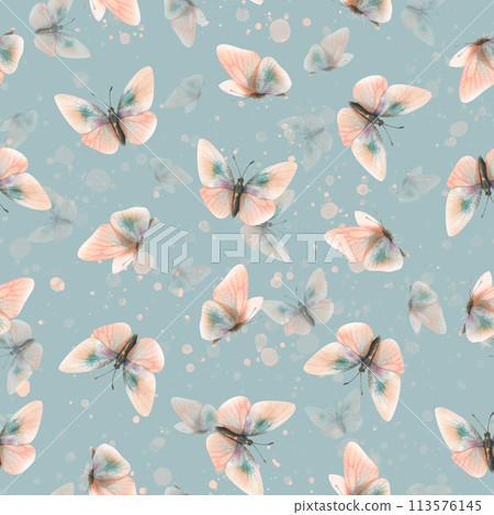 Delicate, flying, elegant butterflies in the trendy pastel color peach fuzz in a vintage style. Hand drawn watercolor illustration. Seamless pattern, repeating ornament on a turquoise background. Delicate, flying, elegant butterflies in the trendy pastel color peach fuzz in a vintage style. Hand drawn watercolor illustration. Seamless pattern, repeating ornament on a turquoise background. 113576145