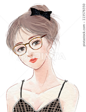 Watercolor illustration of a stylish woman in her 20s wearing rimmed glasses and underwear Watercolor illustration of a stylish woman in her 20s wearing rimmed glasses and underwear 113576350