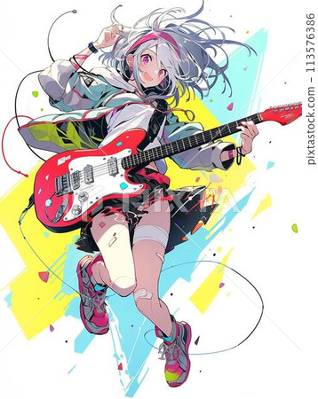 一個拿著吉他看起來很高興的女孩 113576386