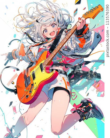 一個拿著吉他看起來很高興的女孩 113576390