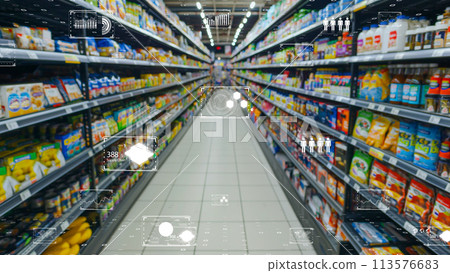 Digital transformation concept of retail using AI technology. Image of unmanned store. Digital transformation concept of retail using AI technology. Image of unmanned store. 113576683