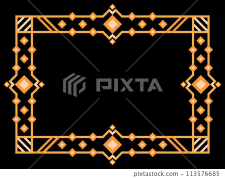 Art deco frame. Vintage linear border. Geometric frame in gold color in line art style with space for text. Design a template for invitation, leaflet and greeting card. Vector illustration Art deco frame. Vintage linear border. Geometric frame in gold color in line art style with space for text. Design a template for invitation, leaflet and greeting card. Vector illustration 113576685