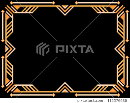 Art deco frame. Vintage linear border. Geometric frame in gold color in line art style with space for text. Design a template for invitation, leaflet and greeting card. Vector illustration Art deco frame. Vintage linear border. Geometric frame in gold color in line art style with space for text. Design a template for invitation, leaflet and greeting card. Vector illustration 113576686
