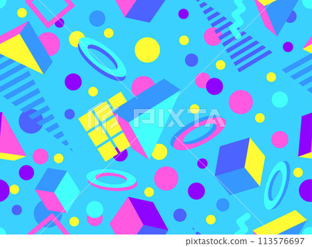 Geometric seamless pattern with 3D shapes in the style of the 80s and 90s. Isometric 3D shapes in Memphis style. Design of promotional products, wrapping paper and printing. Vector illustration 113576697