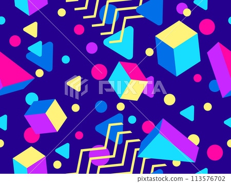 Geometric seamless pattern with 3D shapes in the style of the 80s and 90s. Isometric 3D shapes in Memphis style. Design of promotional products, wrapping paper and printing. Vector illustration 113576702