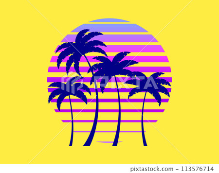 Silhouettes of palm trees against a retro futuristic sun background. Palm trees against a background of gradient sun in synthetic and retrowave styles. Summer time. Vector illustration 113576714