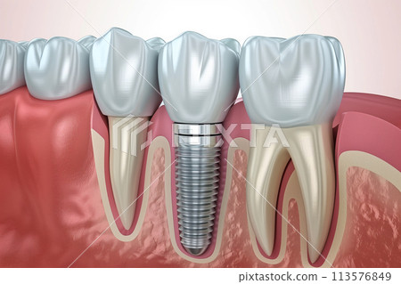 Dental implant, artificial tooth roots into jaw, root canal of dental treatment, gum disease, teeth model. 113576849