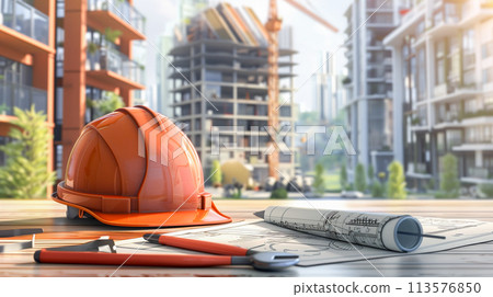 Asian engineer with architectural house plan project blueprint, graph and yellow helmet and engineering construction tools. 113576850
