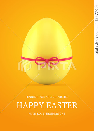 Happy Easter yellow chicken egg tied by ribbon bow 3d greeting card design template realistic vector 113577003