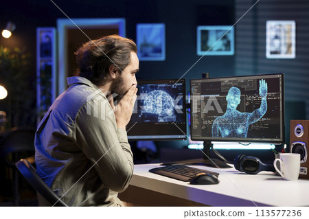 Man unable to believe eyes after seeing AI gaining humanoid form and consciousness, waving hand to salute him. Computer scientist surprised by artificial intelligence greeting him unprompted 113577236