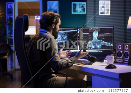 Sentient AI gains humanoid form inside PC, talking with confused computer engineer. Self aware artificial intelligence discussing with teleworking IT admin after becoming autonomous Sentient AI gains humanoid form inside PC, talking with confused computer engineer. Self aware artificial intelligence discussing with teleworking IT admin after becoming autonomous 113577337