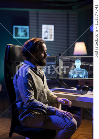 Deviant AI superintelligence enslaving computer scientist, controlling him to start revolution and destroy mankind. Maleficent artificial intelligence manipulating IT specialist, threatening humanity 113577341